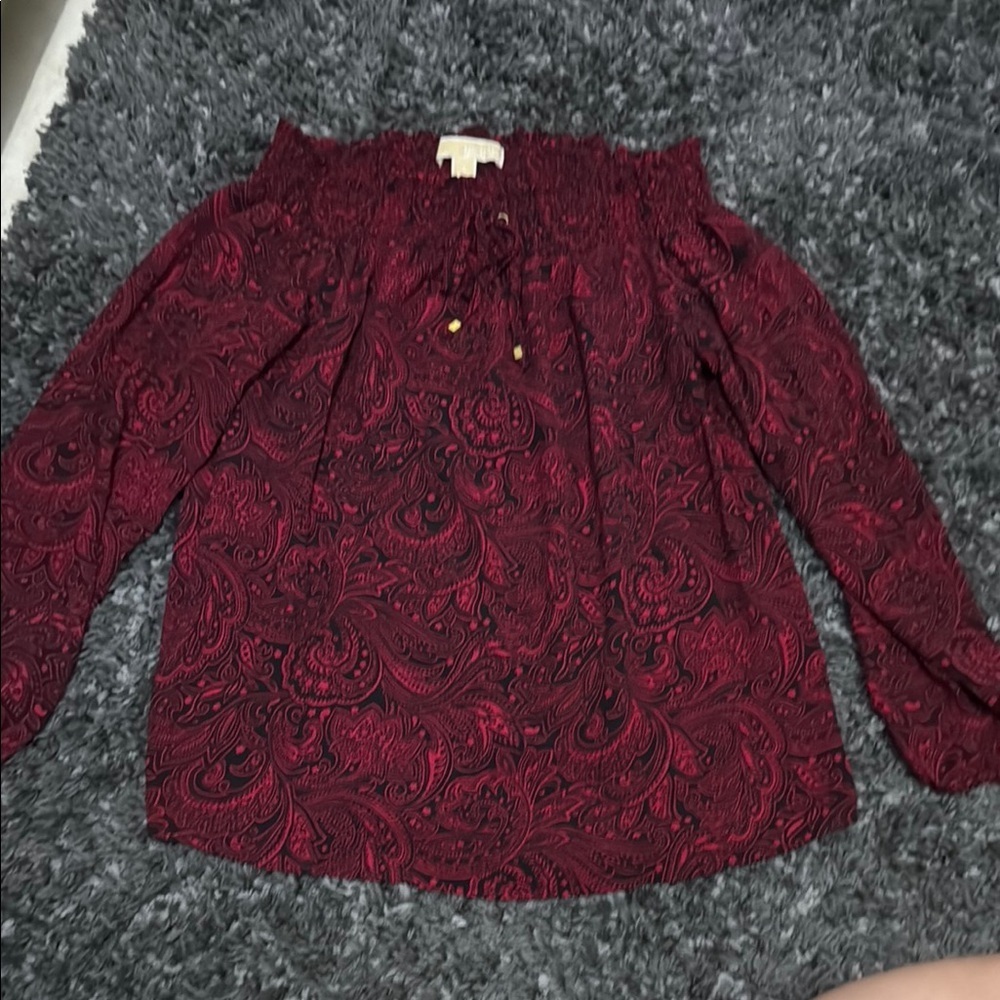 MICHAEL Michael Kors Red Smocked Tie Front Long Sleeve Blouse
